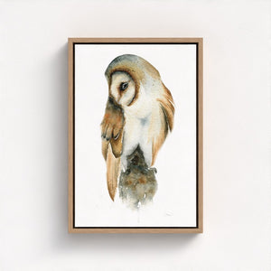Detailed watercolor illustration of a barn owl in natural tones, printed on eco-friendly canvas