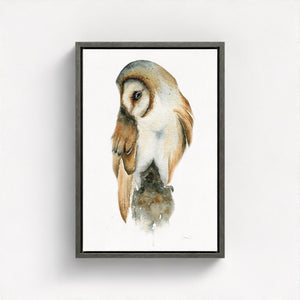 Detailed watercolor illustration of a barn owl in natural tones, printed on eco-friendly canvas