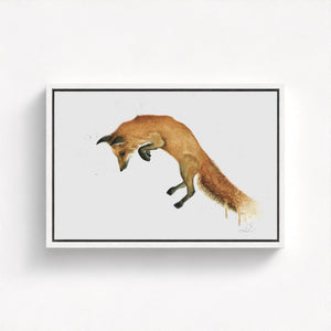 A vibrant watercolour painting of a fox mid-leap, capturing its playful energy and graceful movement. The artwork showcases delicate brushstrokes and vivid colours, highlighting the fox’s elegant form against a soft, natural background.