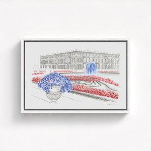 Château de Versailles watercolor canvas print, featuring the grandeur of the historic French palace, its lush gardens, and royal architecture. Elegant watercolor artwork capturing the opulence and timeless beauty of Versailles. Made from 100% plastic bottles.