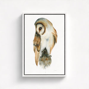 Detailed watercolor illustration of a barn owl in natural tones, printed on eco-friendly canvas