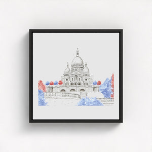 Sacré-Cœur de Montmartre watercolor canvas print, showcasing the grace and grandeur of the iconic basilica atop Montmartre hill in Paris. Exquisite brushstrokes and soft tones evoke the serene beauty and timeless elegance of this beloved landmark. Made from 100% recycled plastic bottles for an eco-friendly touch.