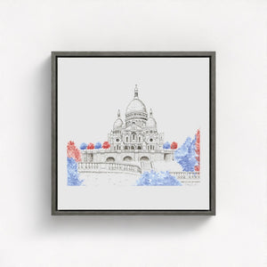 Sacré-Cœur de Montmartre watercolor canvas print, showcasing the grace and grandeur of the iconic basilica atop Montmartre hill in Paris. Exquisite brushstrokes and soft tones evoke the serene beauty and timeless elegance of this beloved landmark. Made from 100% recycled plastic bottles for an eco-friendly touch.
