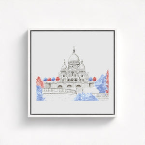 Sacré-Cœur de Montmartre watercolor canvas print, showcasing the grace and grandeur of the iconic basilica atop Montmartre hill in Paris. Exquisite brushstrokes and soft tones evoke the serene beauty and timeless elegance of this beloved landmark. Made from 100% recycled plastic bottles for an eco-friendly touch.